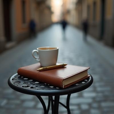 An empty cafe table with a leather journal and a cup of espresso in a quiet Italian piazza