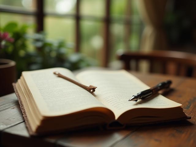 A person writing in a journal at a rustic wooden desk