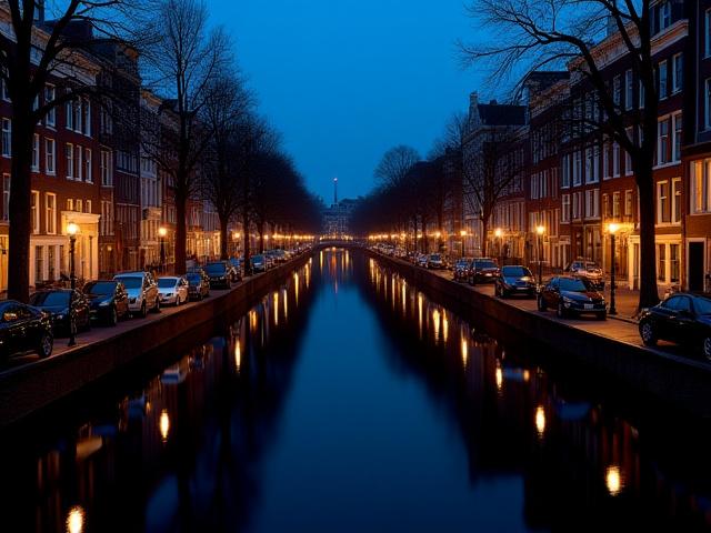 Quiet evening canal in Amsterdam with reflection of street lights